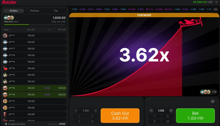 Aviator round at 3.62x with the Cash Out button live