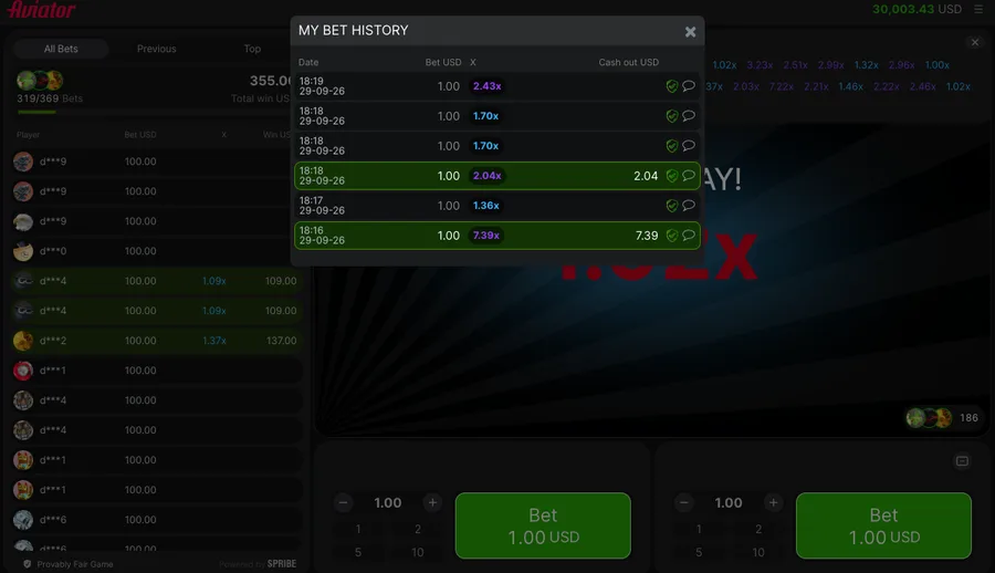 Aviator bet history showing six rounds, two cashed out